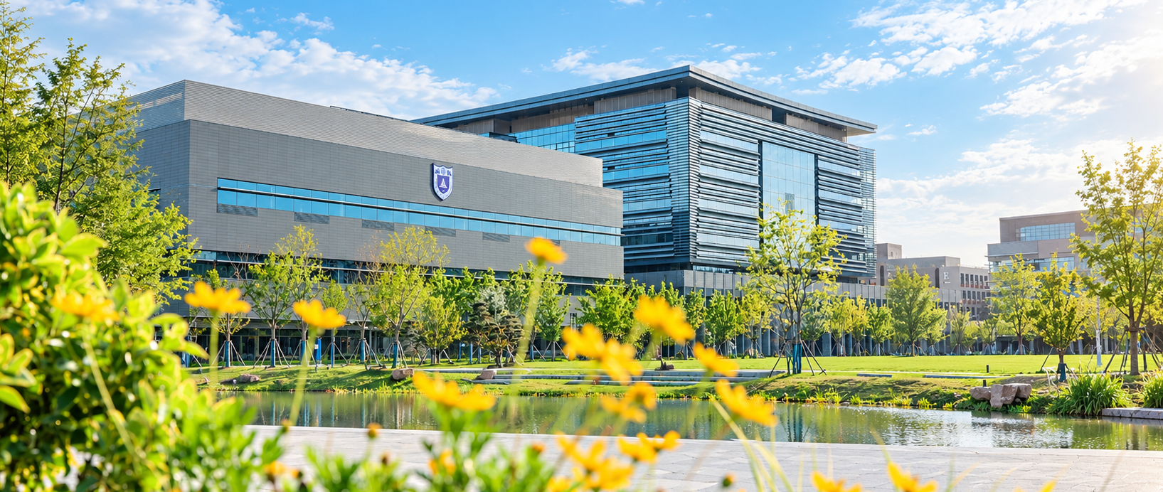 Campus building beside a pond at Nanjing University Suzhou Campus